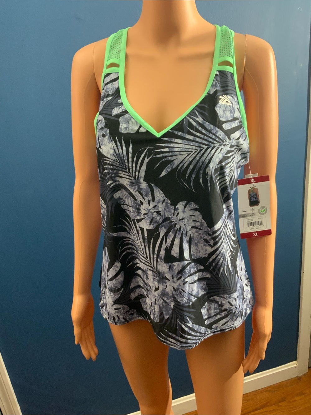 ZeroXposur Black Palm-Print Racerback Tank with Neon Green Trim